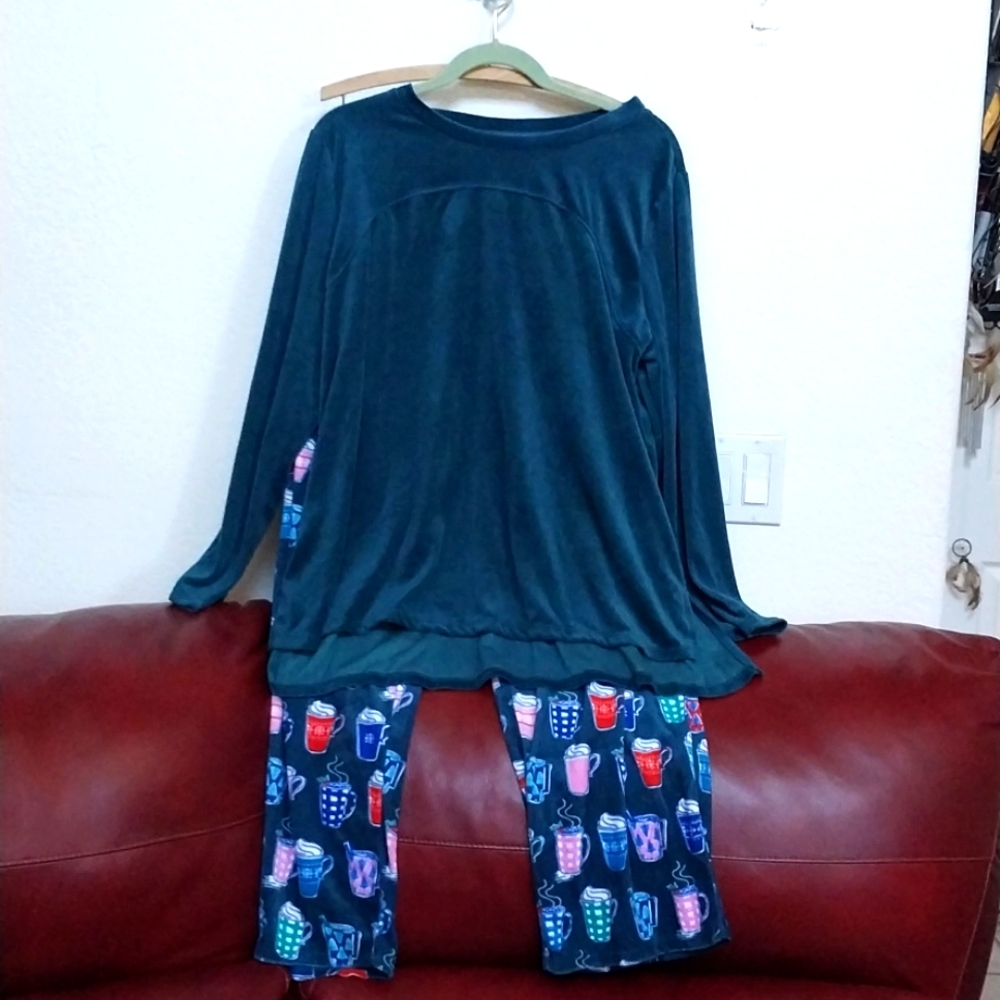 ☕Carole Hochman Velour Fleece Crew Neck PJ Set Sz L"teal" Blue Green Latte Color - Picture 1 of 6